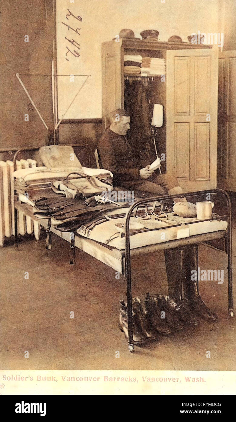 Military in Washington (state), Bedrooms in Washington (state), Weapons of the United States, Vancouver, Washington, 1906, Washington (state), Wash., Soldier`s Bunk, Vancouver Barracks Stock Photo